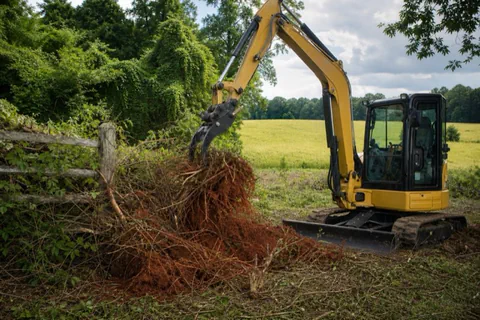 Compact excavator pulling a dense privet wall out of an old fence corner with kudzu draping a swallowed cedar tree in the background