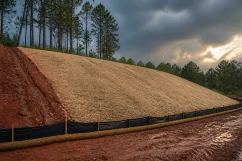 Graded red clay slope protected with straw and seed cover, silt fence and wattle rows at the toe, and rain-carved rills in one unprotected strip